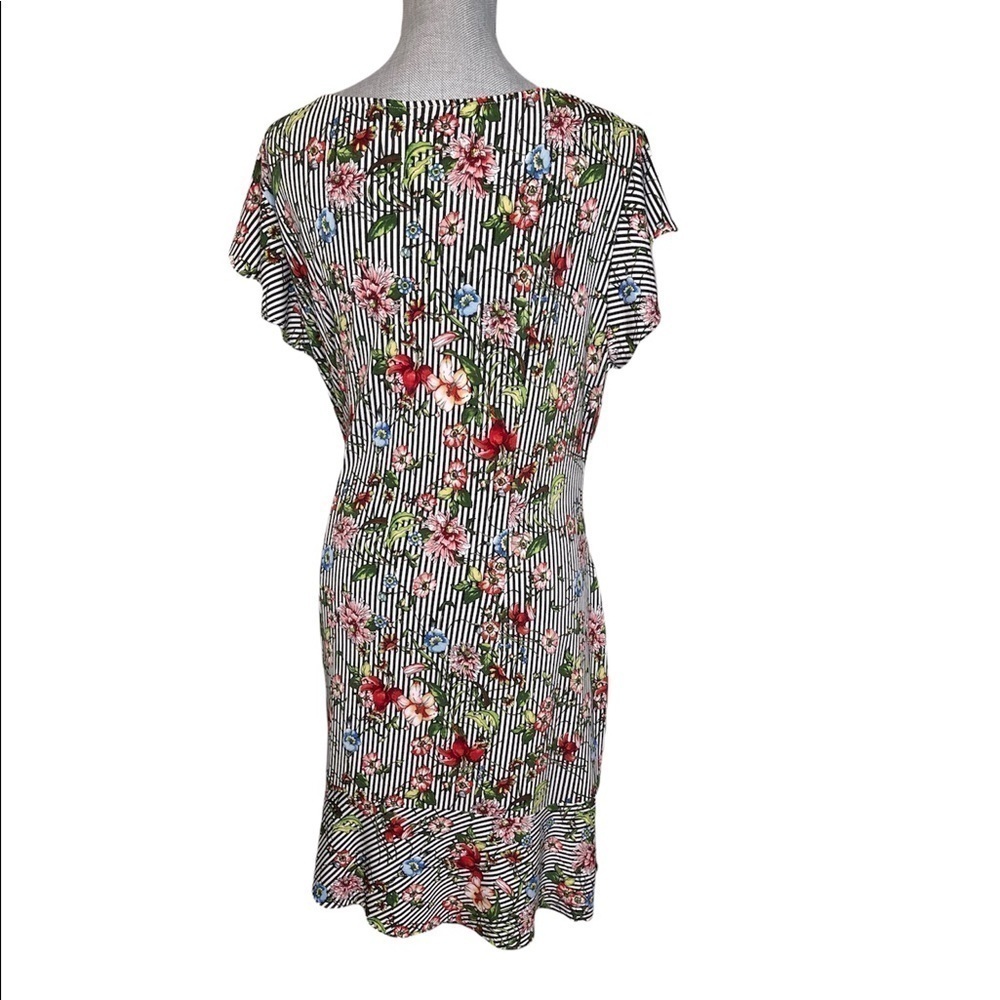 Eci NEW YORK BLACK WHITE STRIPE FLORAL PATTERN FAUX WRAP FLOUNCE SLEEVE DRESS XL - Picture 2 of 10